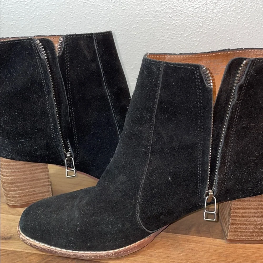 Suede Black Ankle Booties Block Heel Zip Minimal Sz 9.5 Chunky Sleek Madewell